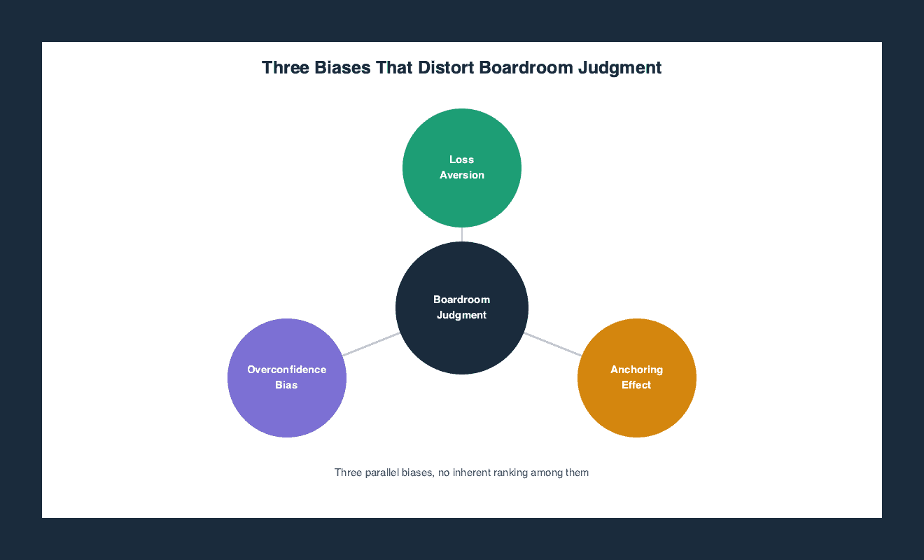 Hub and spoke diagram showing three parallel cognitive biases that affect boardroom decisions: loss aversion, the anchoring effect, and overconfidence bias