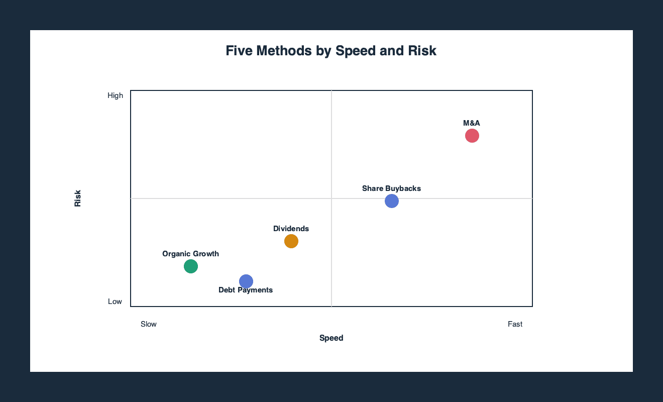Two by two matrix plotting the five capital allocation methods by speed and risk, showing organic growth as slow and low risk versus mergers and acquisitions as fast and high risk