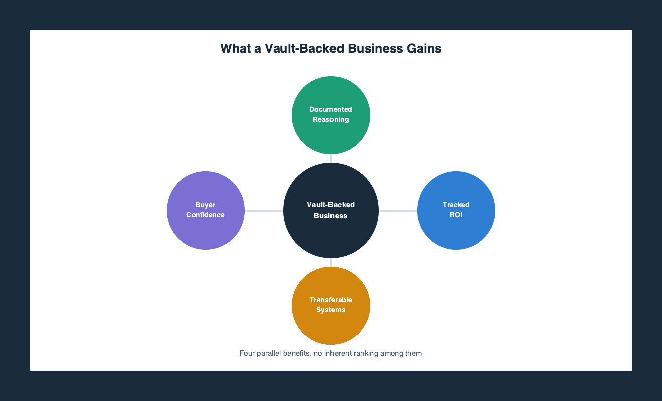 Hub and spoke diagram showing four parallel benefits of a Vault-backed business: documented reasoning, tracked ROI, transferable systems, and buyer confidence