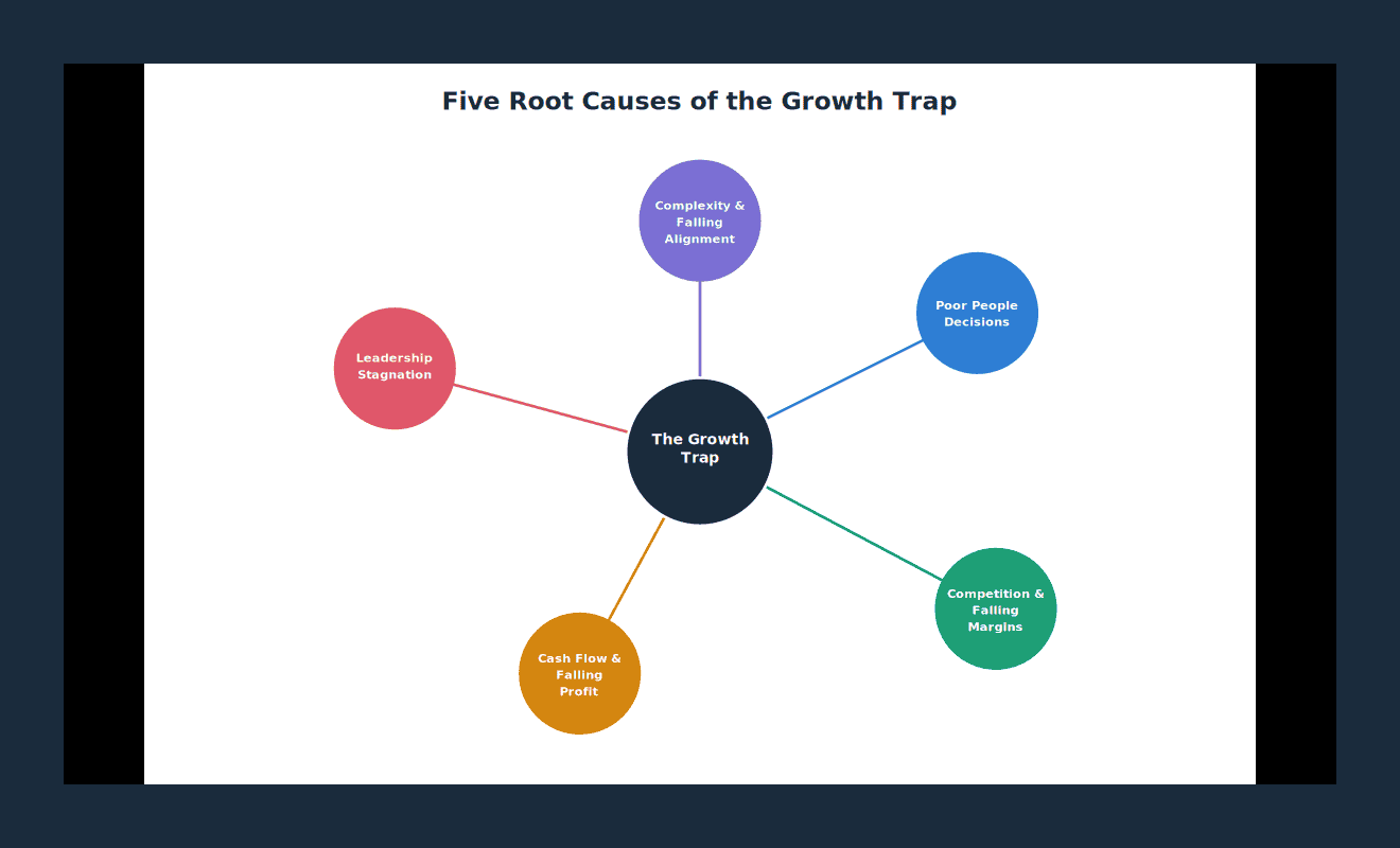 Hub and spoke diagram showing the growth trap at the center connected to five root causes: increasing complexity and decreasing alignment, poor people decisions, increasing competition and decreasing margins, cash flow pressure and decreasing profit, and leadership stagnation