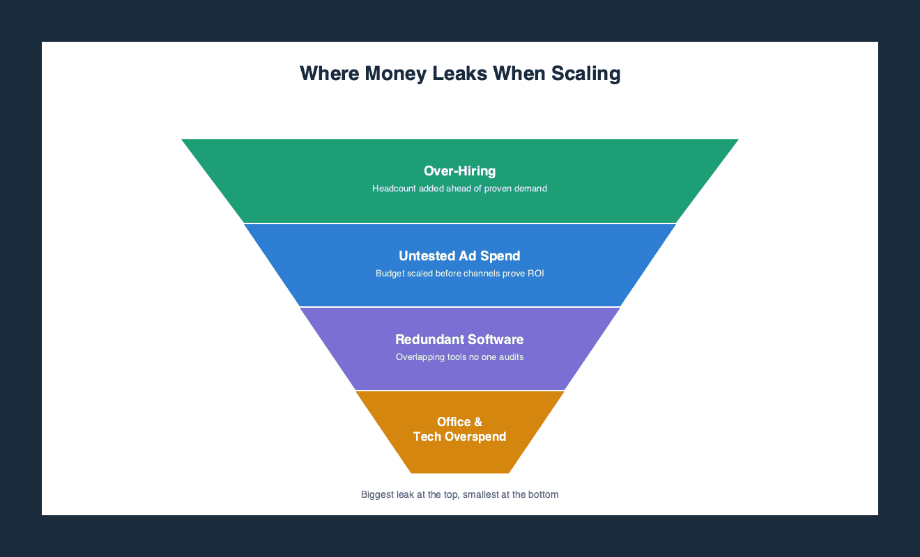 Funnel chart showing where money leaks most when scaling a business, from over-hiring at the top down to office and tech overspend at the bottom